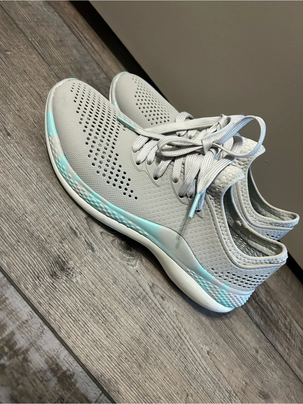 grey and marbled aqua Crocs LiteRide 360 Pacer sneakers